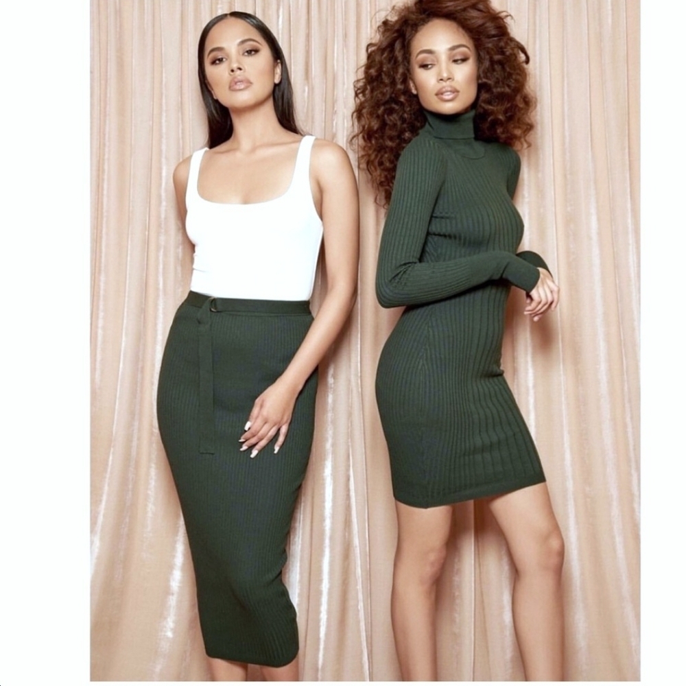 Naked Wardrobe  RIBBED‎ DOWN MIDI SKIRT Belted Forest Green Women's Medium